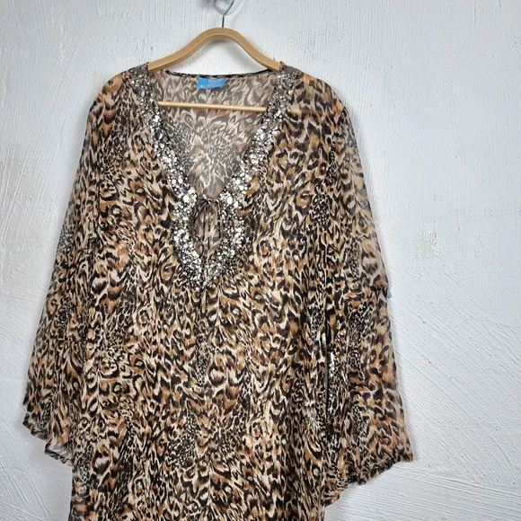 SILK POMEGRANATE Womens Kaftan Top One Size Brown Animal Print Beaded - Picture 3 of 11